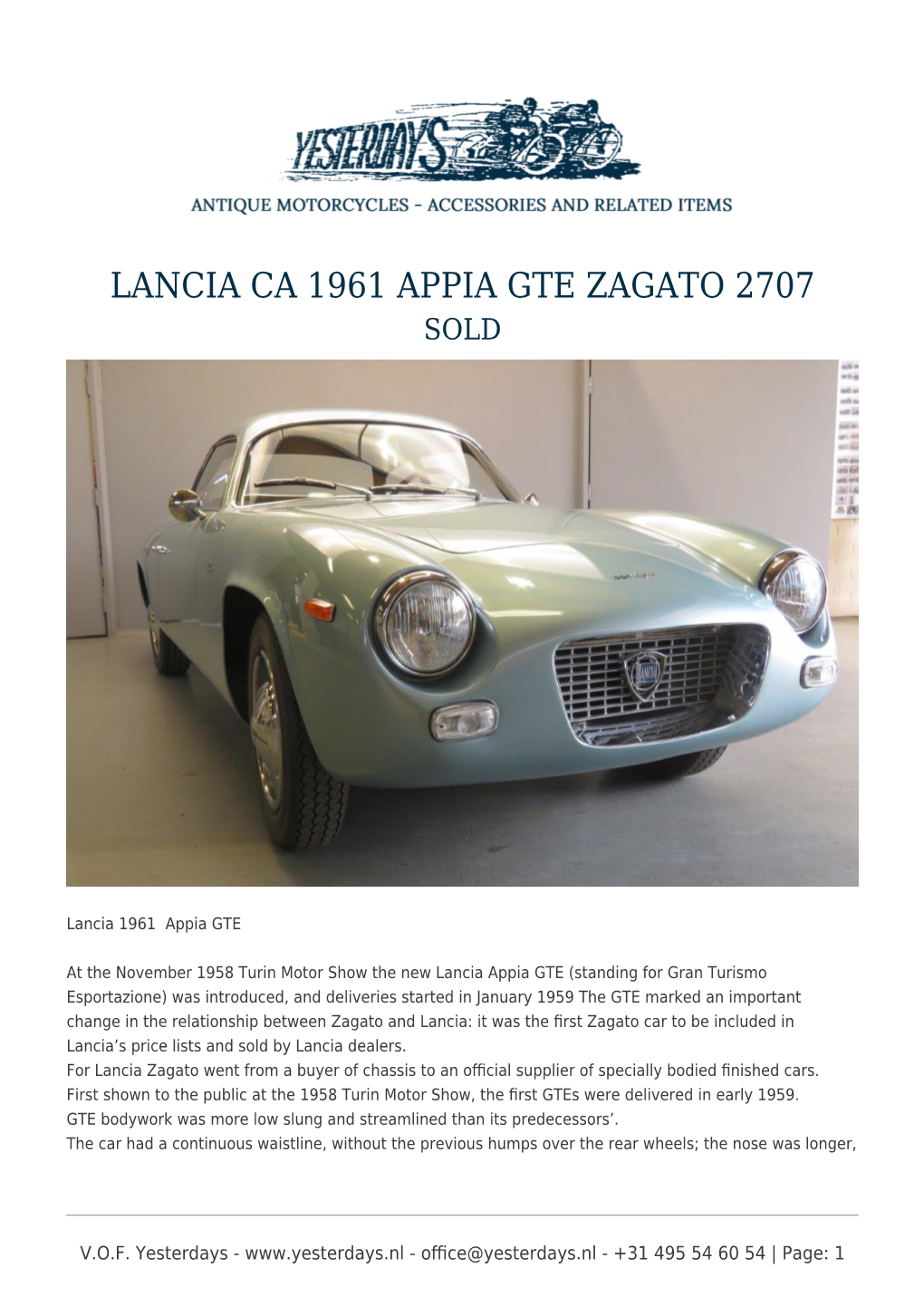 Lancia Ca 1961 Appia Gte Zagato 2707 Sold