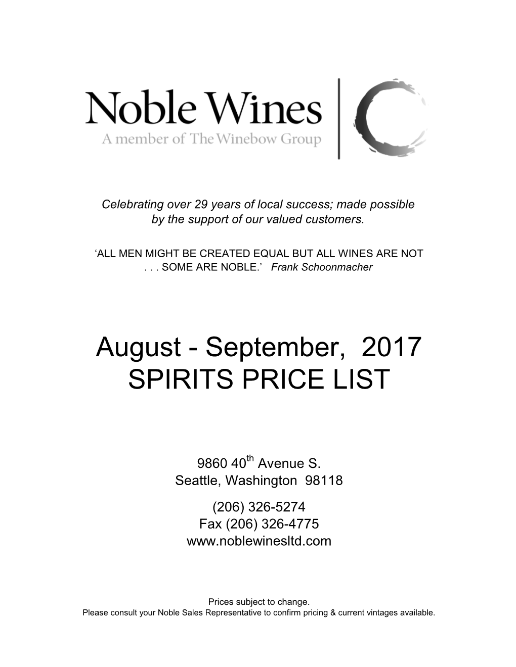 August - September, 2017 SPIRITS PRICE LIST