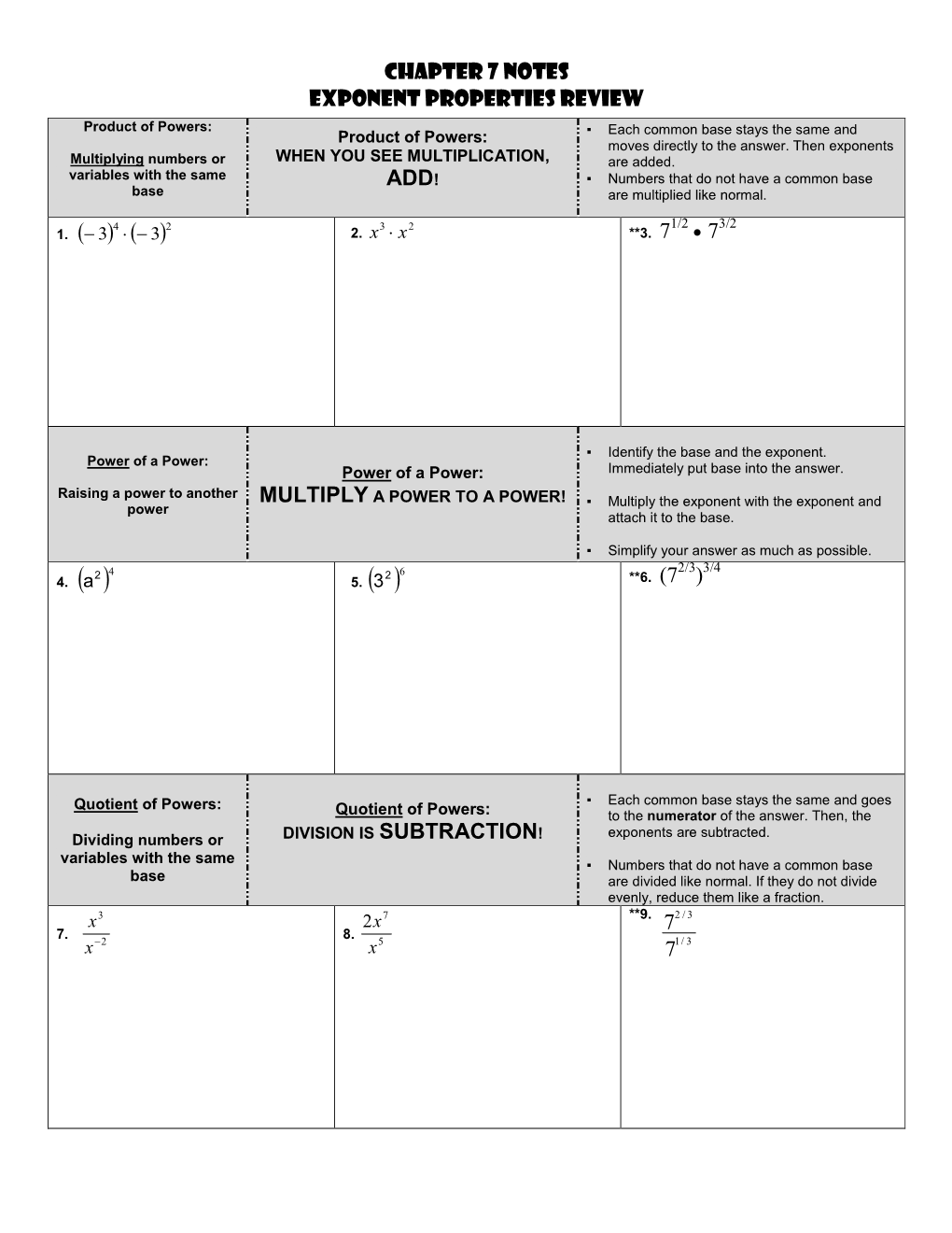 Chapter 7 Notes Exponent Properties Review ADD! )