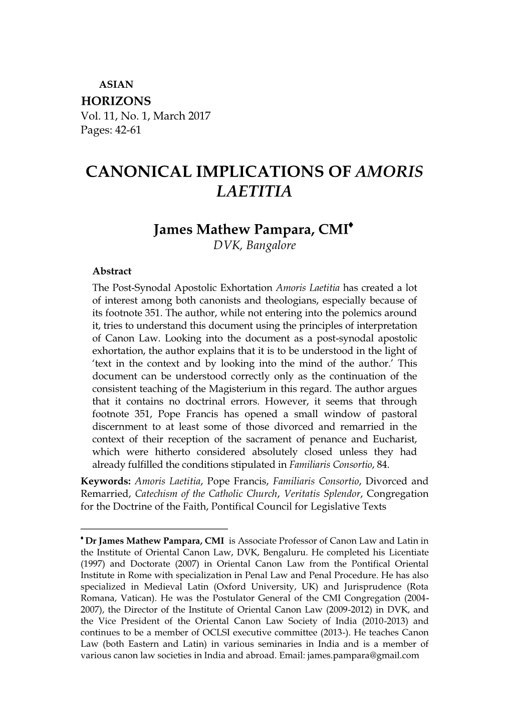 Canonical Implications of Amoris Laetitia