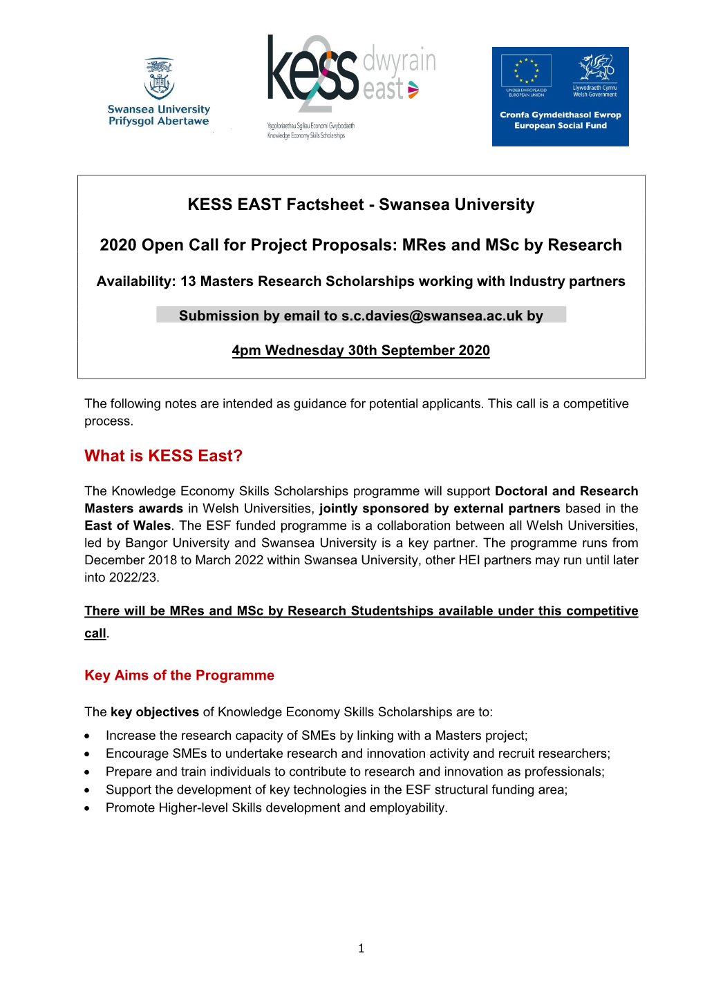 KESS 2 EAST Company Open Call Factsheet September 2020