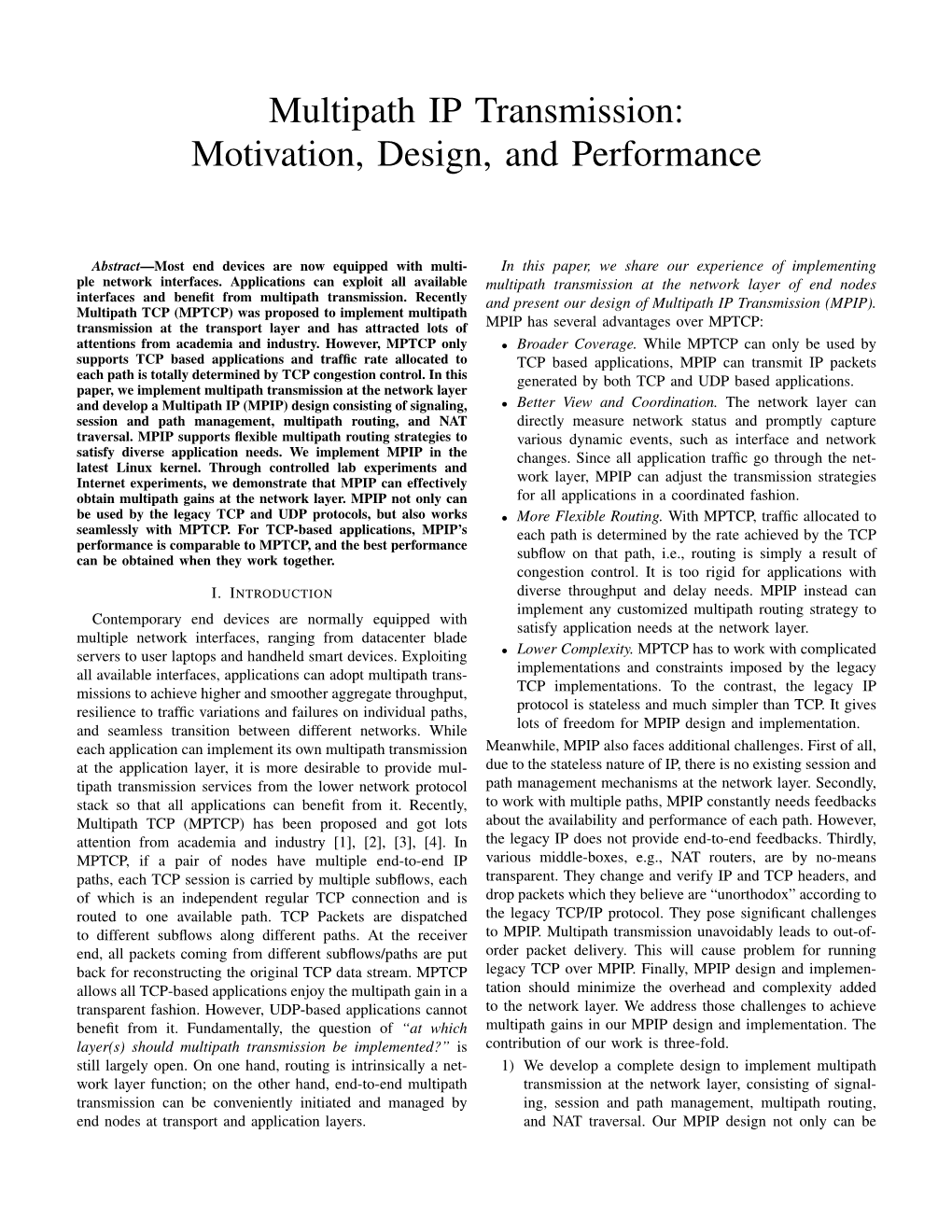 Multipath IP Transmission: Motivation, Design, and Performance