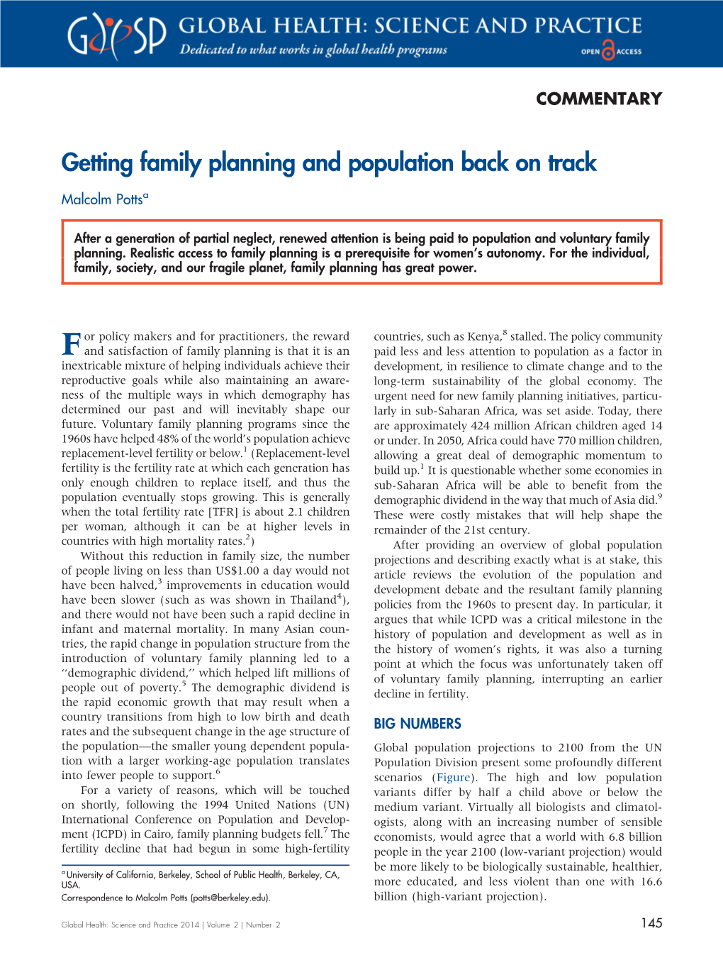 Getting Family Planning and Population Back on Track