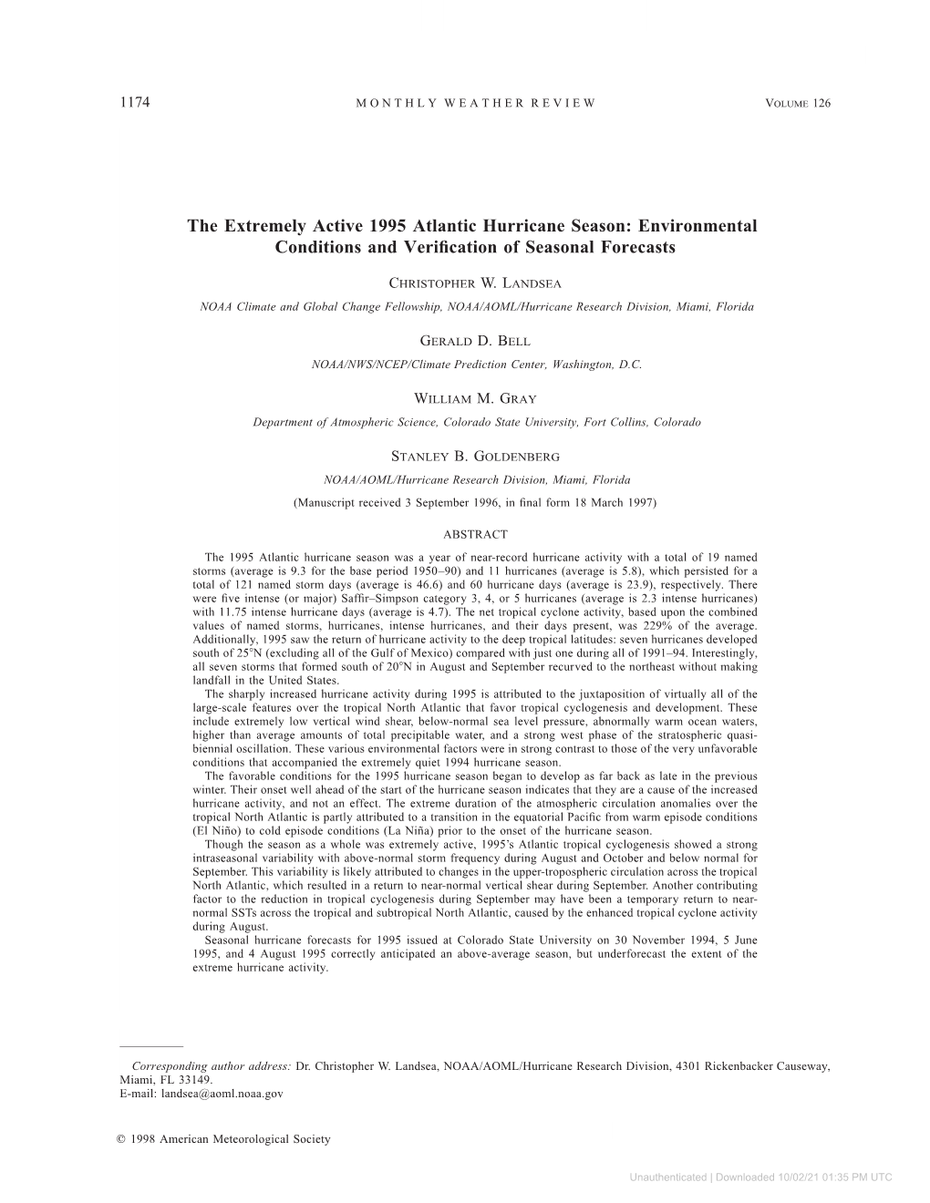 The Extremely Active 1995 Atlantic Hurricane Season: Environmental Conditions and Verification of Seasonal Forecasts