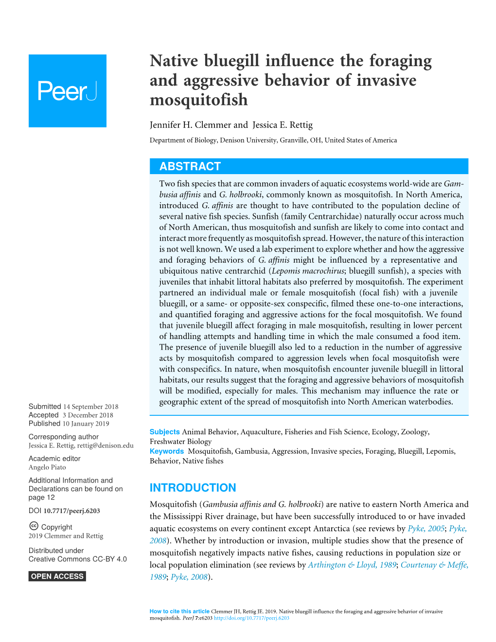 Native Bluegill Influence the Foraging and Aggressive Behavior of Invasive Mosquitofish