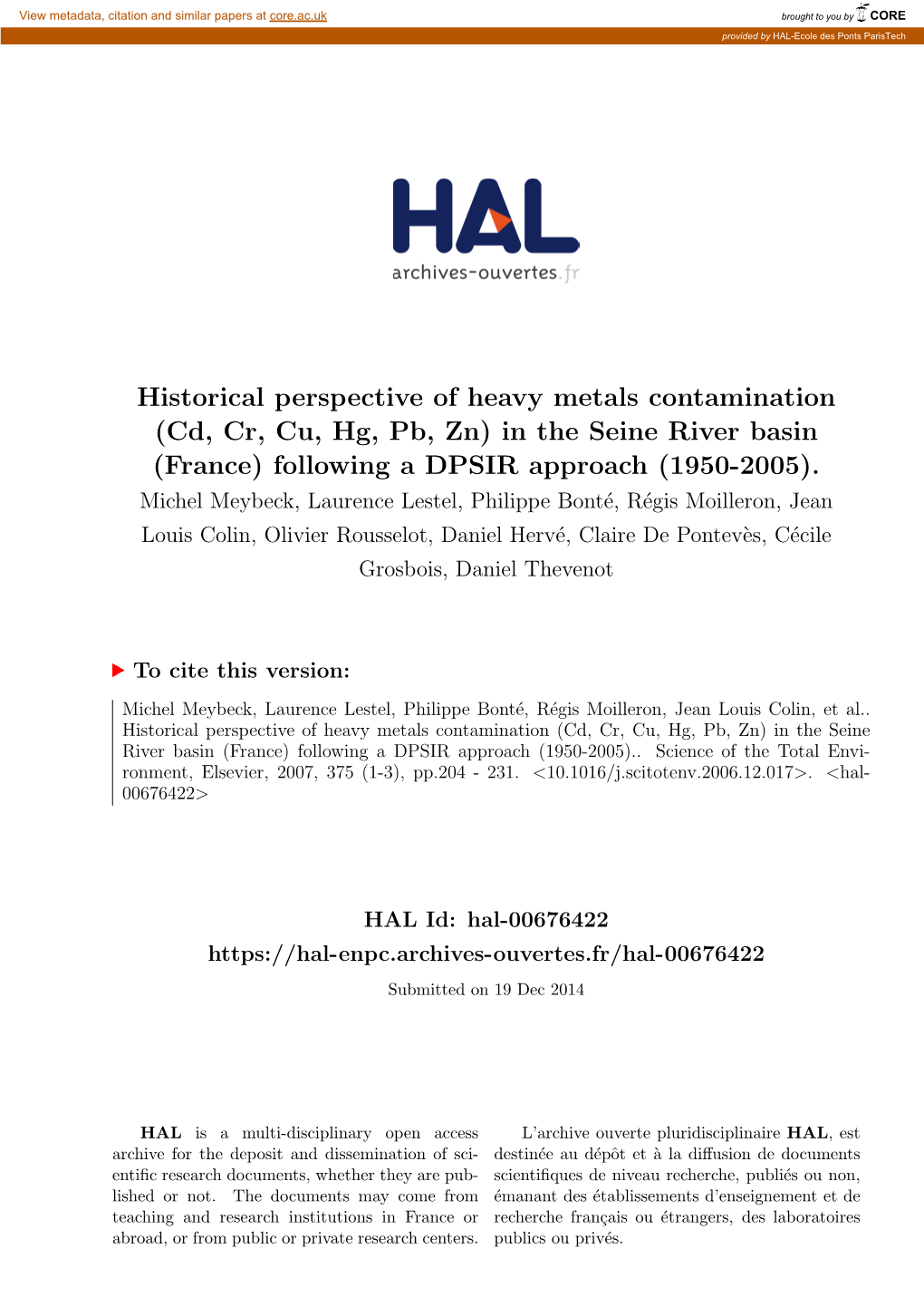 Historical Perspective of Heavy Metals Contamination (Cd, Cr, Cu, Hg, Pb, Zn) in the Seine River Basin (France) Following a DPSIR Approach (1950-2005)