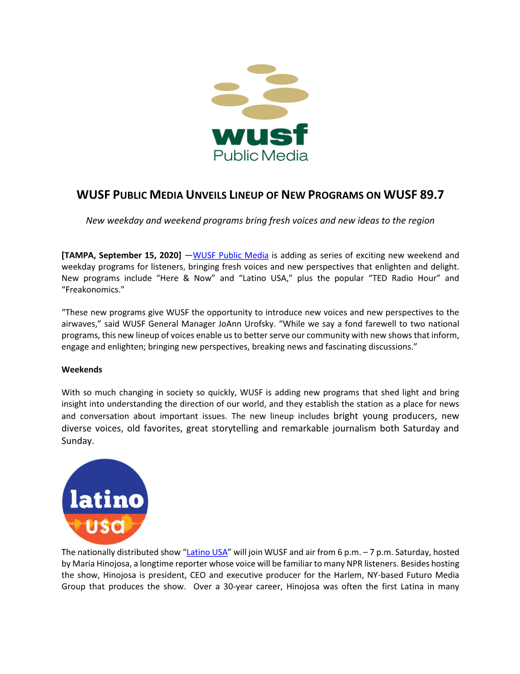 WUSF 2020 Autumn Program Changes