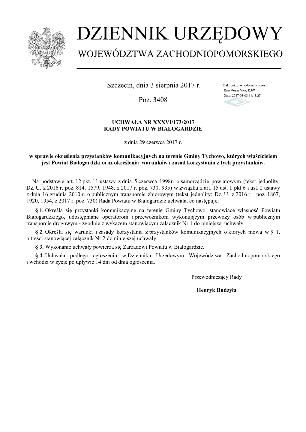 Uchwała Nr XXXVI/173/2017 Z Dnia 29 Czerwca 2017 R