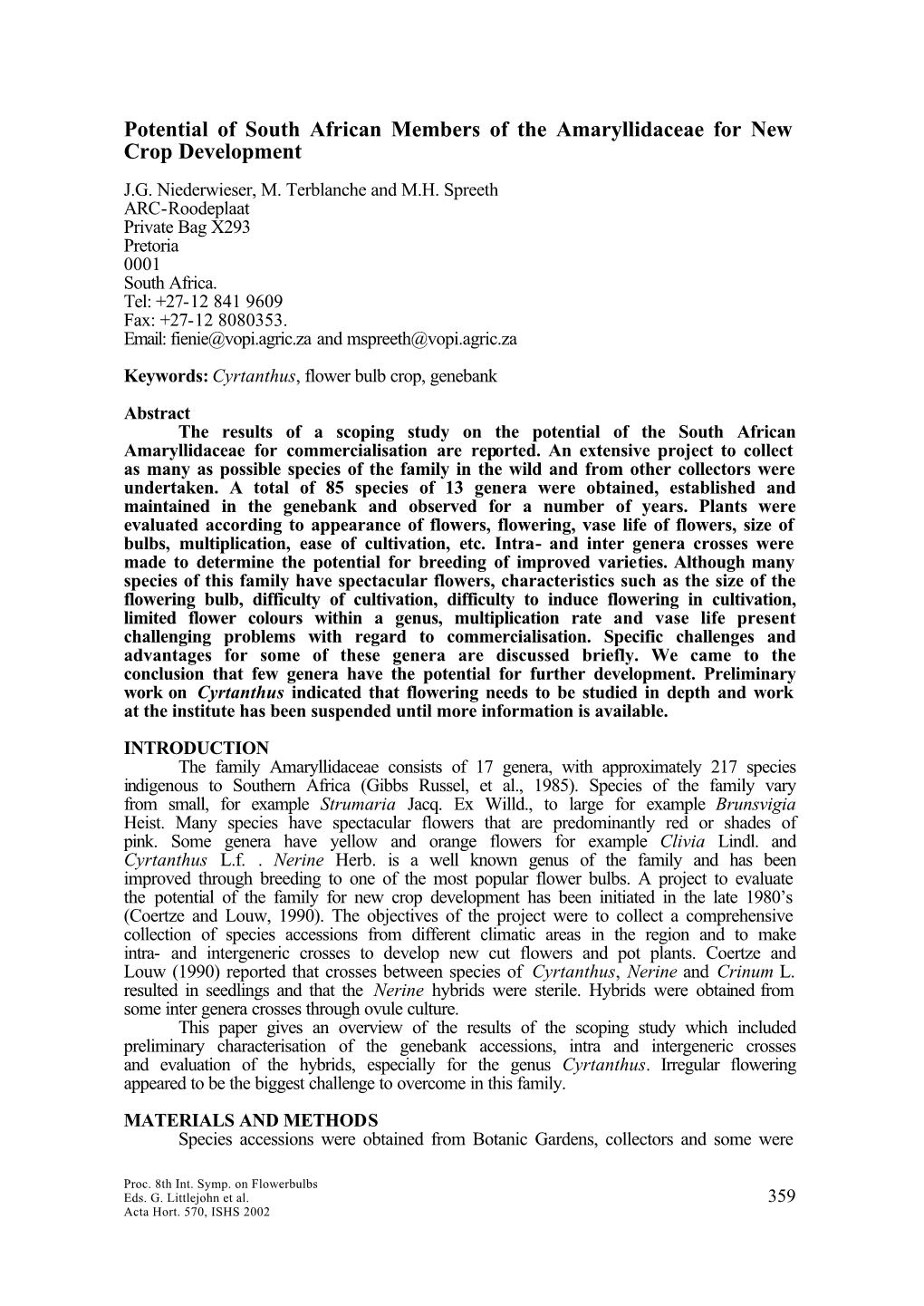 Potential of South African Members of the Amaryllidaceae for New Crop Development