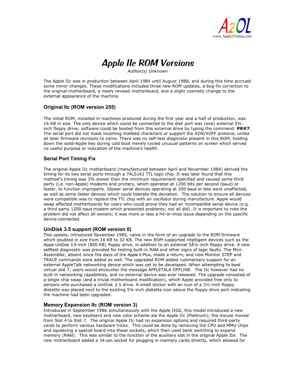 Apple Iic ROM Versions Author(S) Unknown