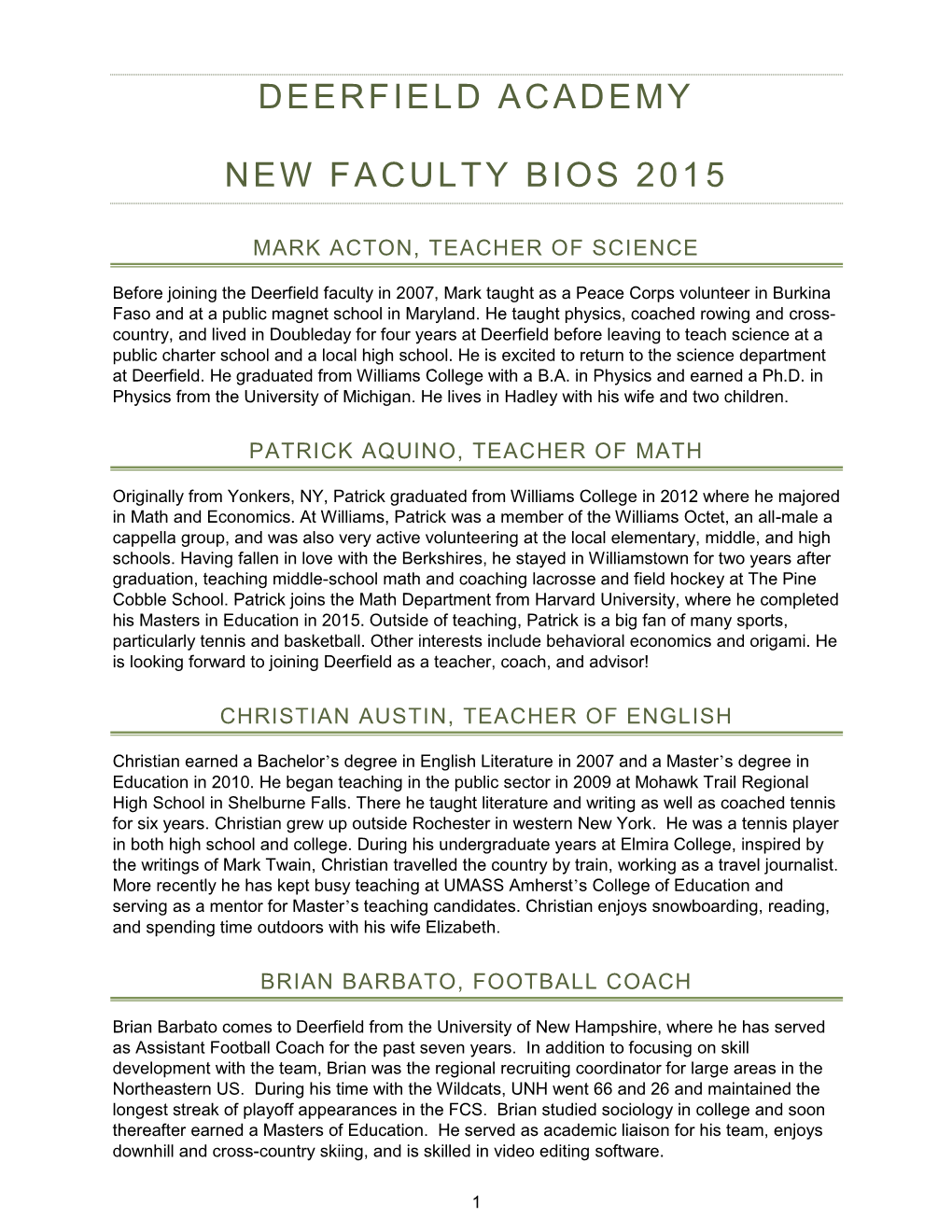 Deerfield Academy New Faculty Bios 2015