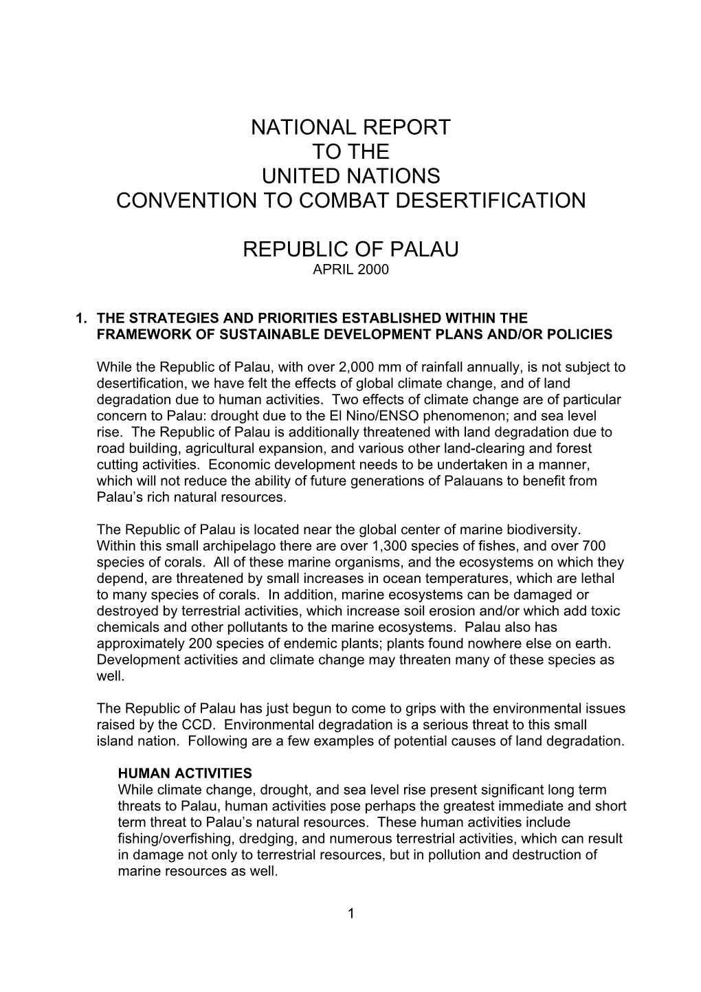 National Report to the United Nations Convention to Combat Desertification