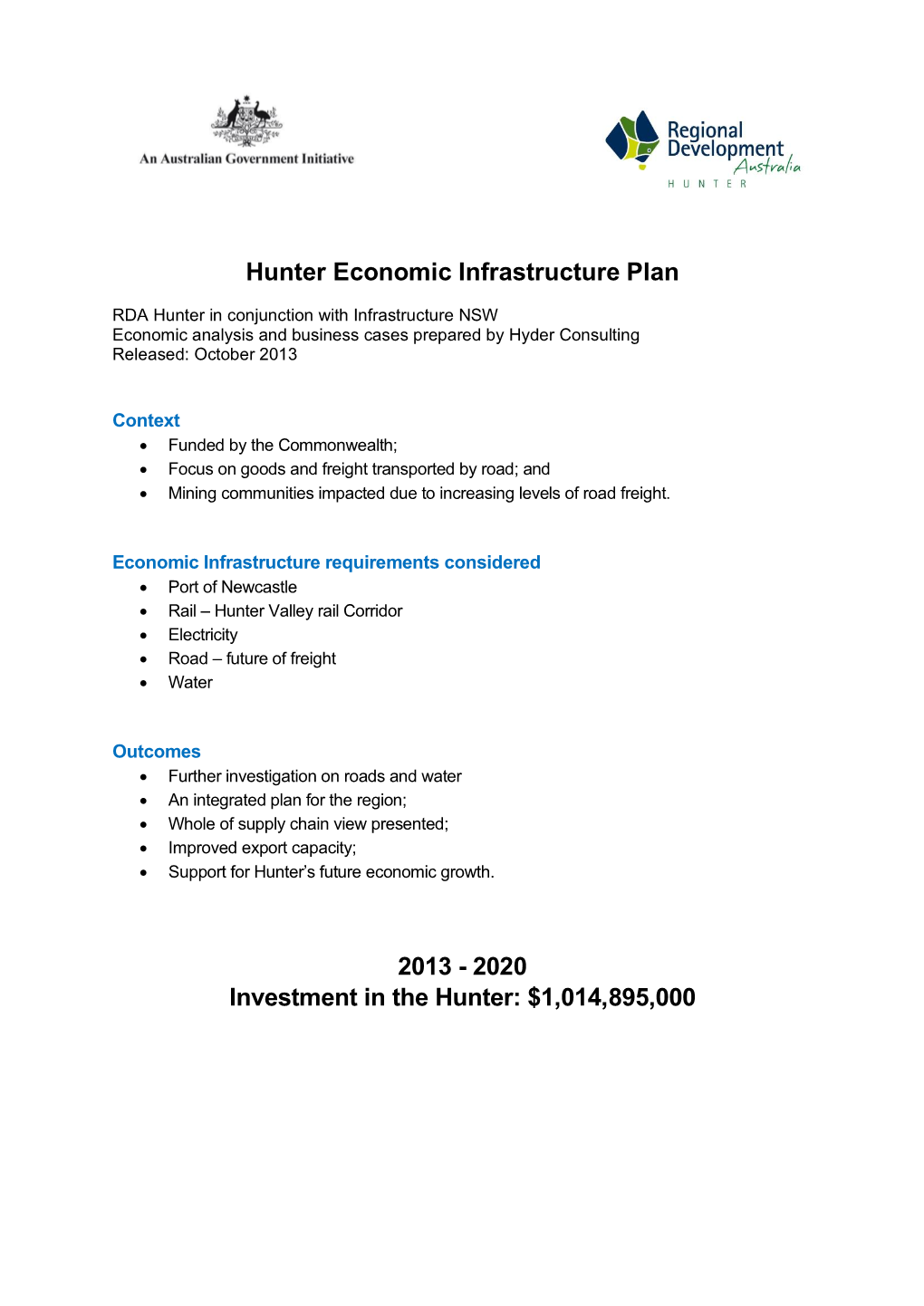 Hunter Economic Infrastructure Plan 2013