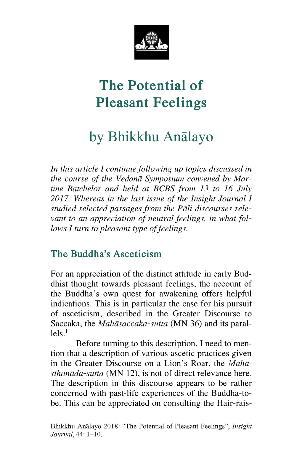 The Potential of Pleasant Feelings by Bhikkhu Anālayo