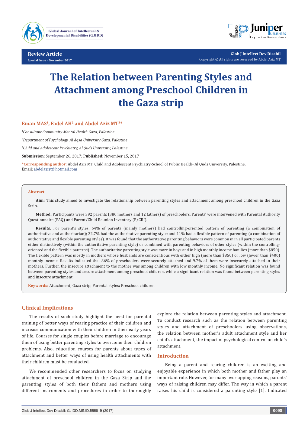 The Relation Between Parenting Styles and Attachment Among Preschool Children in the Gaza Strip