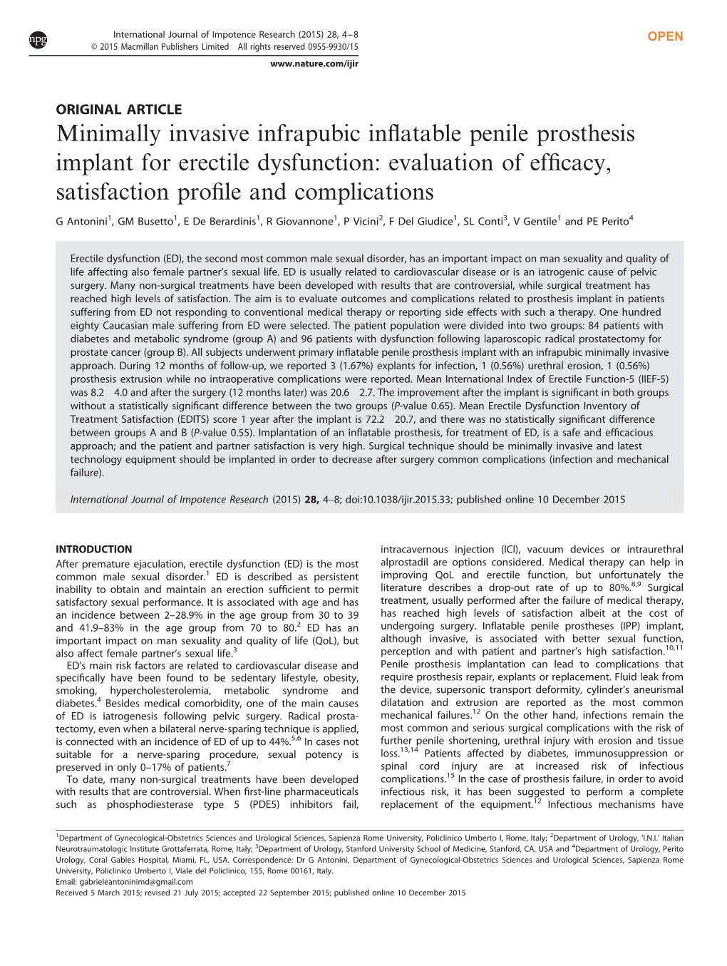 Minimally Invasive Infrapubic Inflatable Penile Prosthesis Implant for Erectile Dysfunction: Evaluation of Efficacy, Satisfactio