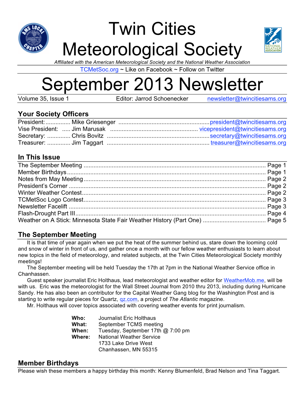 Twin Cities Meteorological Society September 2013 Newsletter