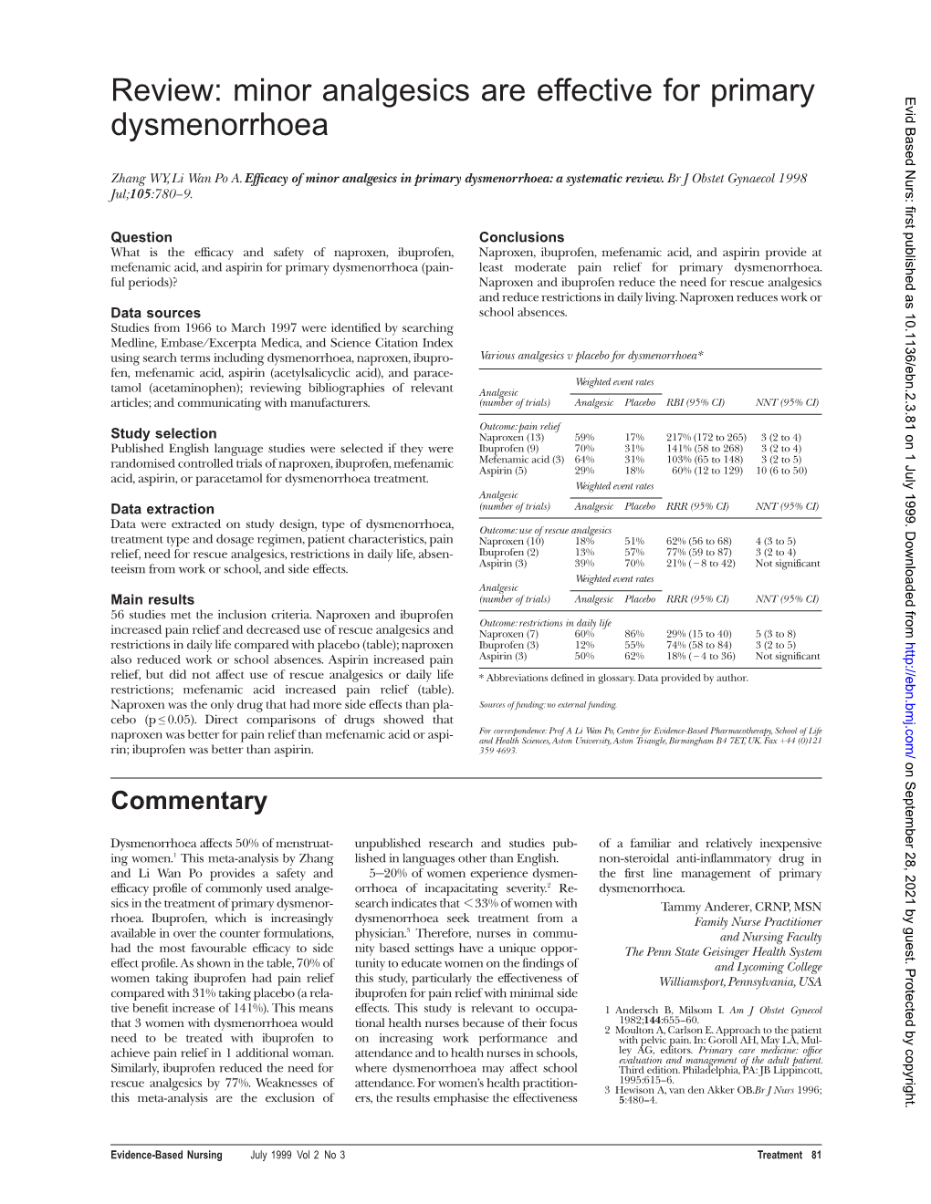 Minor Analgesics Are Effective for Primary Evid Based Nurs: First Published As 10.1136/Ebn.2.3.81 on 1 July 1999