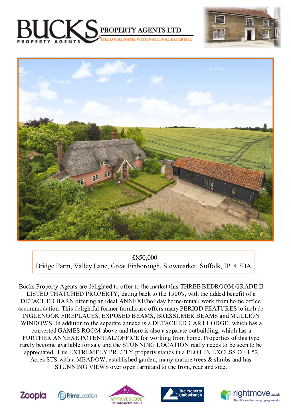 £850,000 Bridge Farm, Valley Lane, Great Finborough, Stowmarket, Suffolk, IP14 3BA