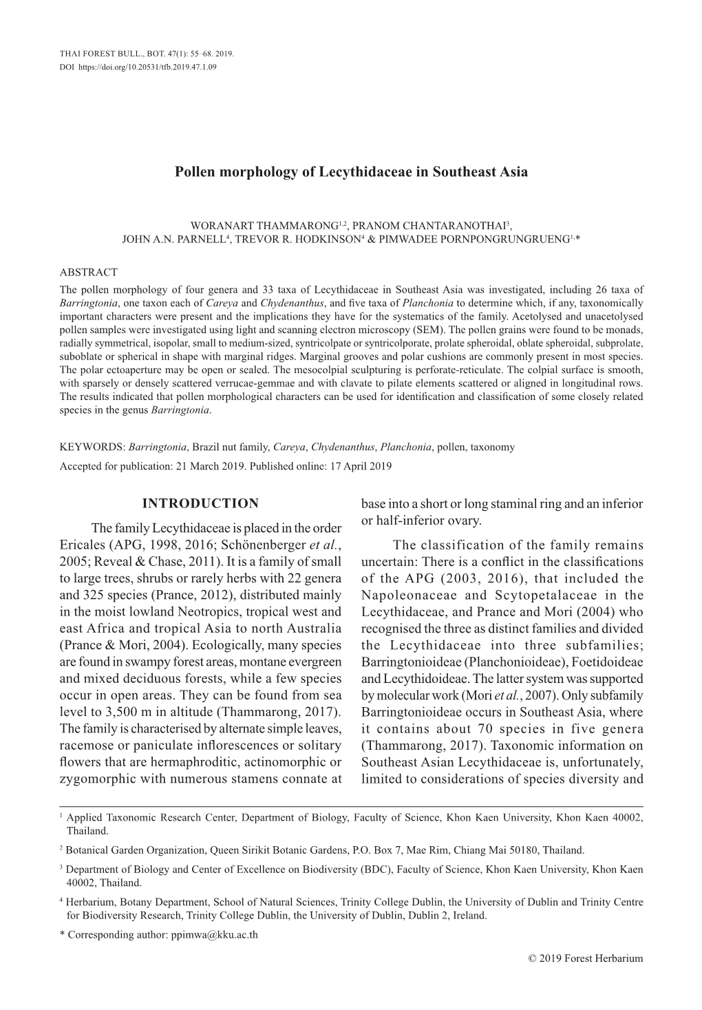 Pollen Morphology of Lecythidaceae in Southeast Asia