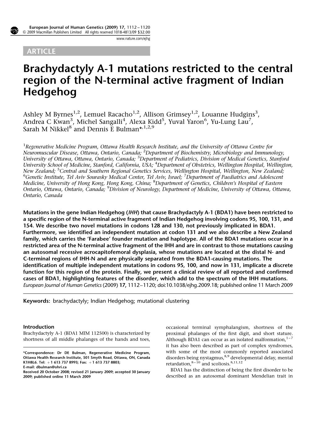 Brachydactyly A-1 Mutations Restricted to the Central Region of the N-Terminal Active Fragment of Indian Hedgehog