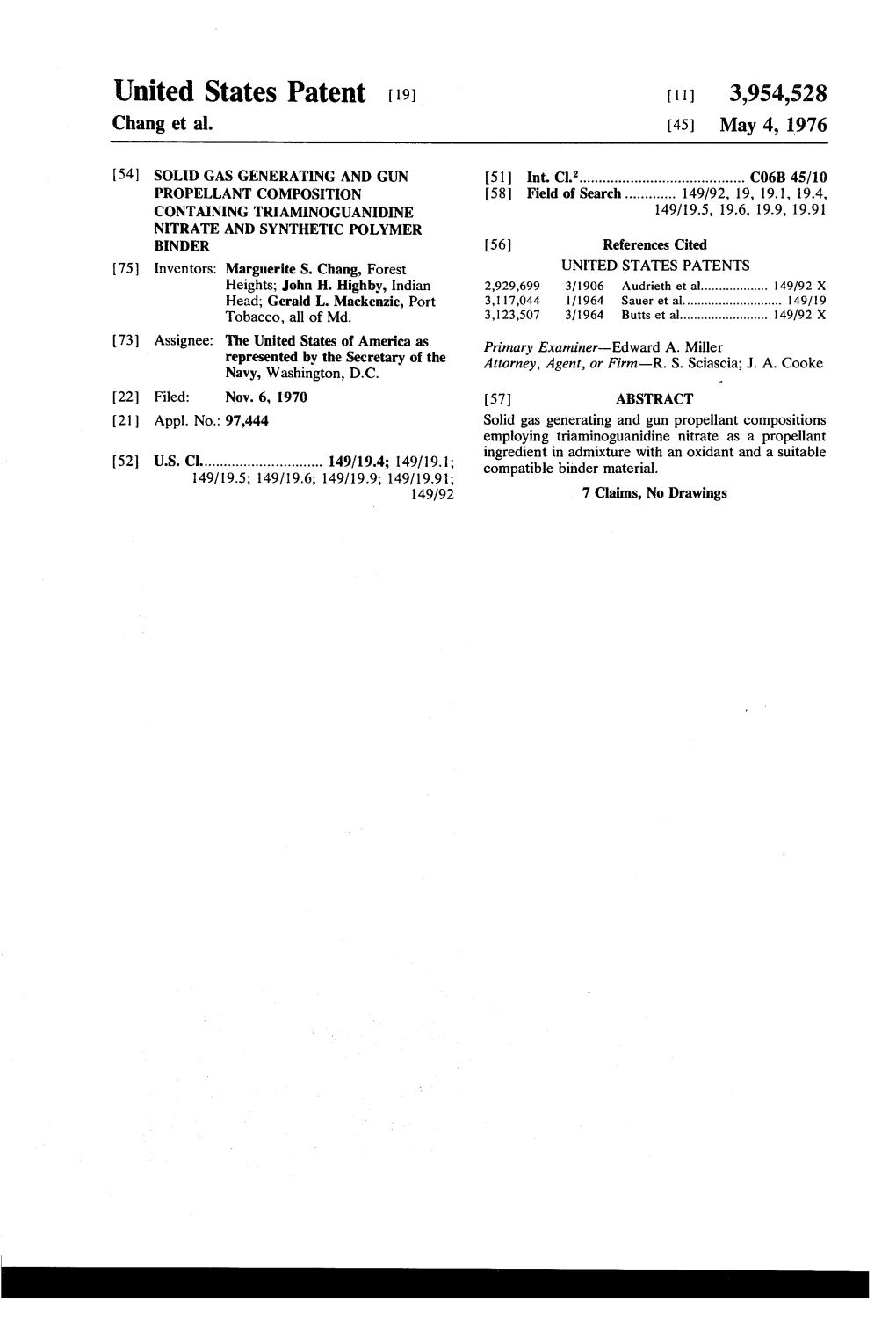 United States Patent (19) 11 3,954,528 Chang Et Al