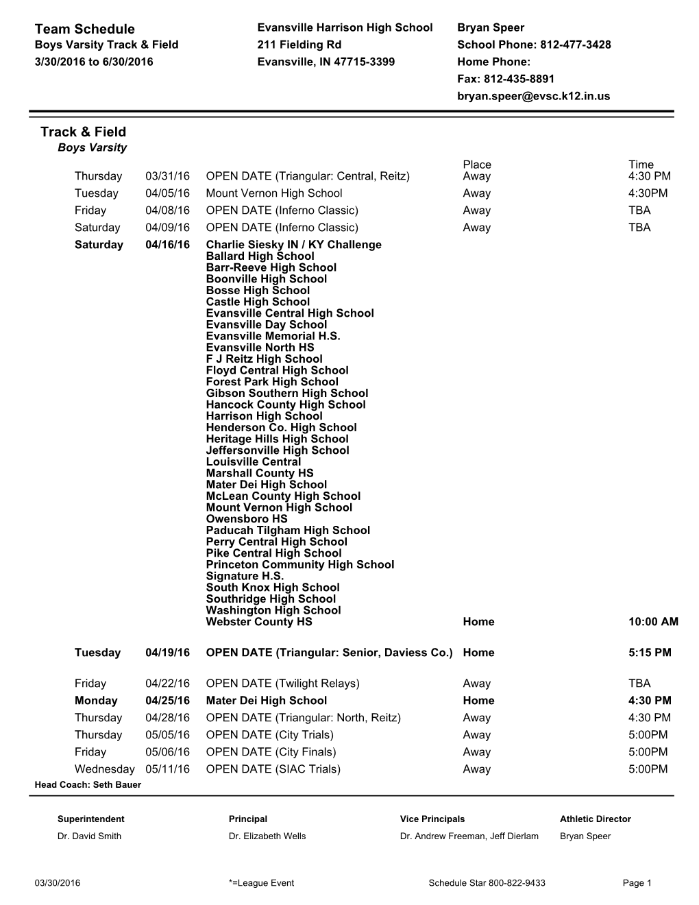 Team Schedule Track & Field