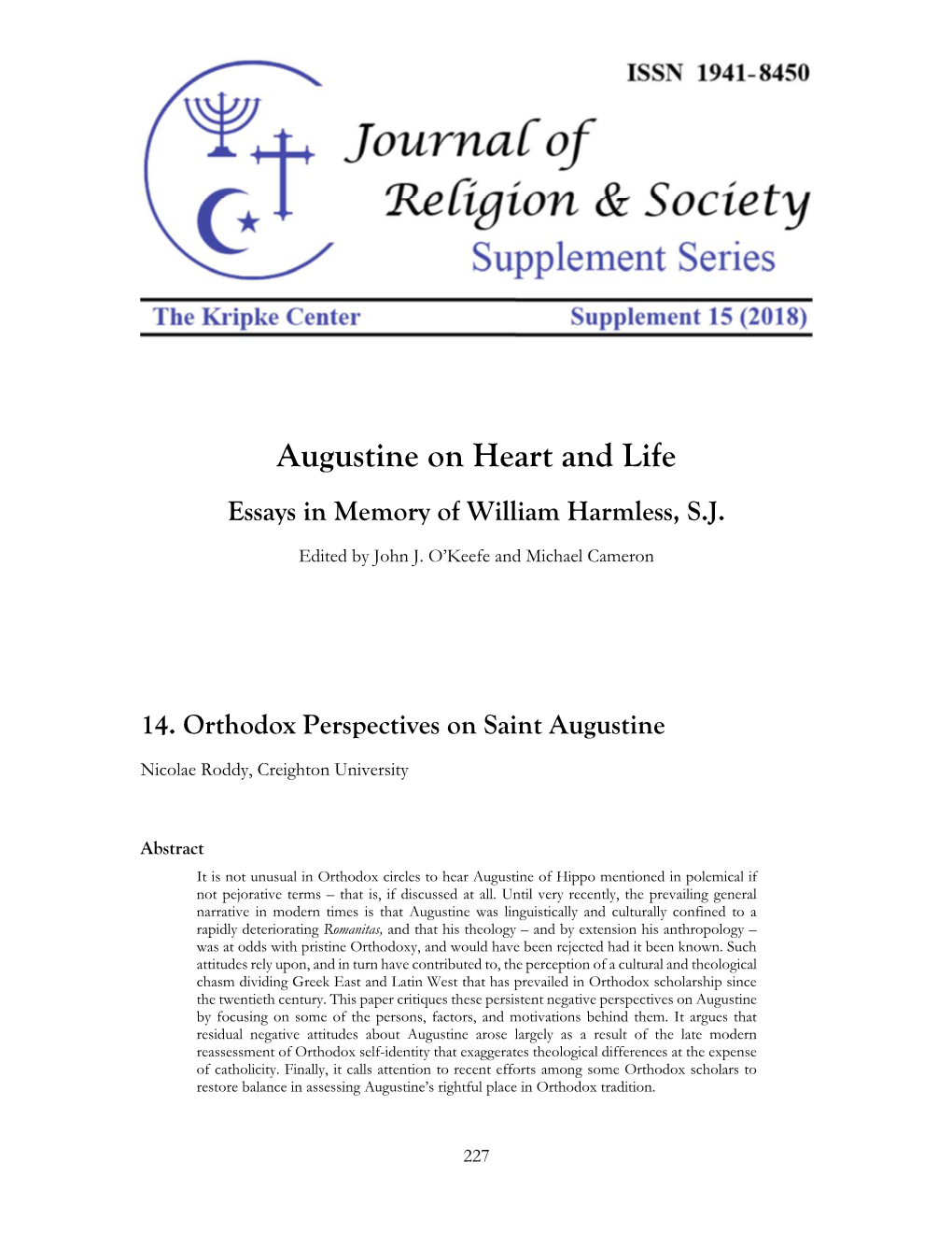 Augustine on Heart and Life Essays in Memory of William Harmless, S.J