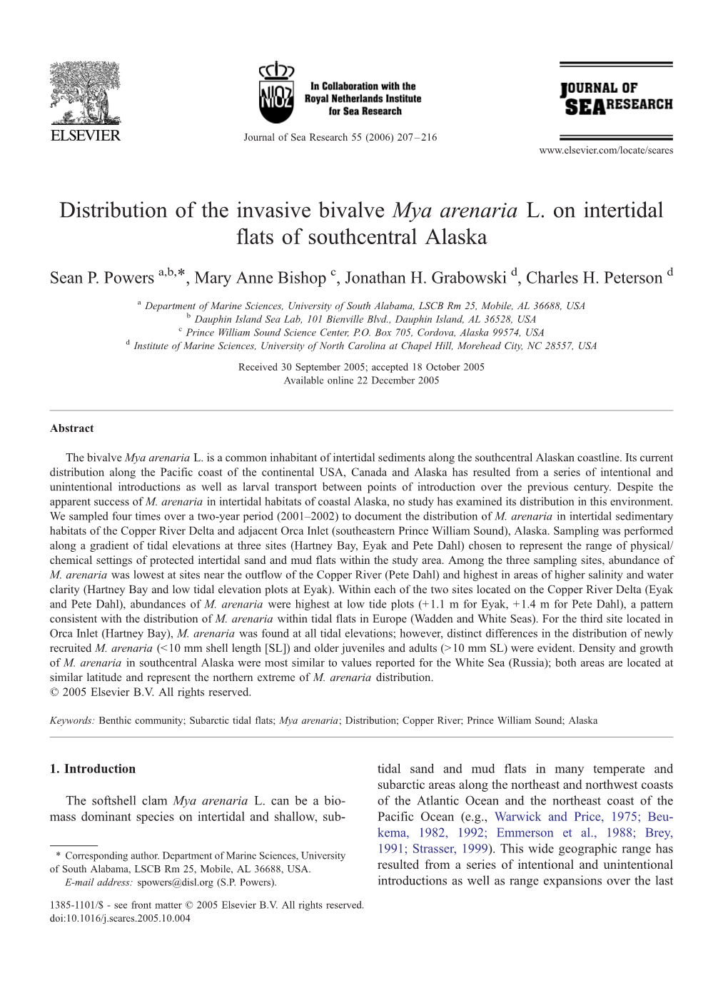 Distribution of the Invasive Bivalve Mya Arenaria L. on Intertidal Flats of Southcentral Alaska