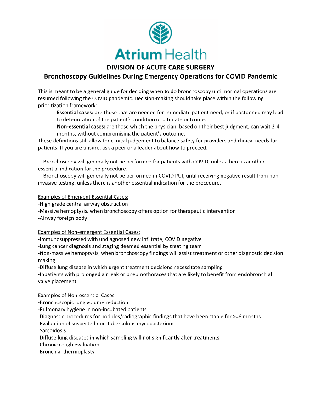 DIVISION of ACUTE CARE SURGERY Bronchoscopy Guidelines During Emergency Operations for COVID Pandemic