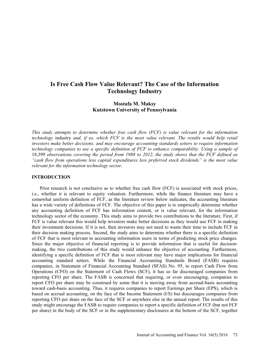 Is Free Cash Flow Value Relevant? the Case of the Information Technology Industry