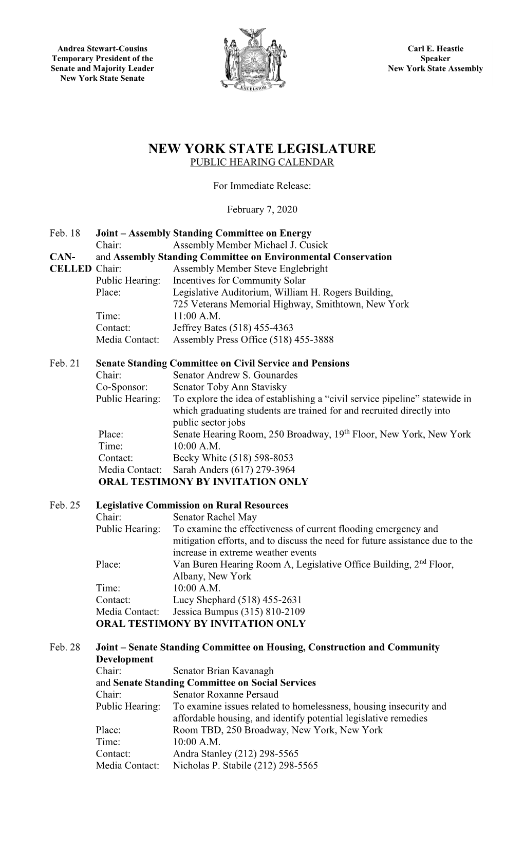 New York State Legislature Public Hearing Calendar