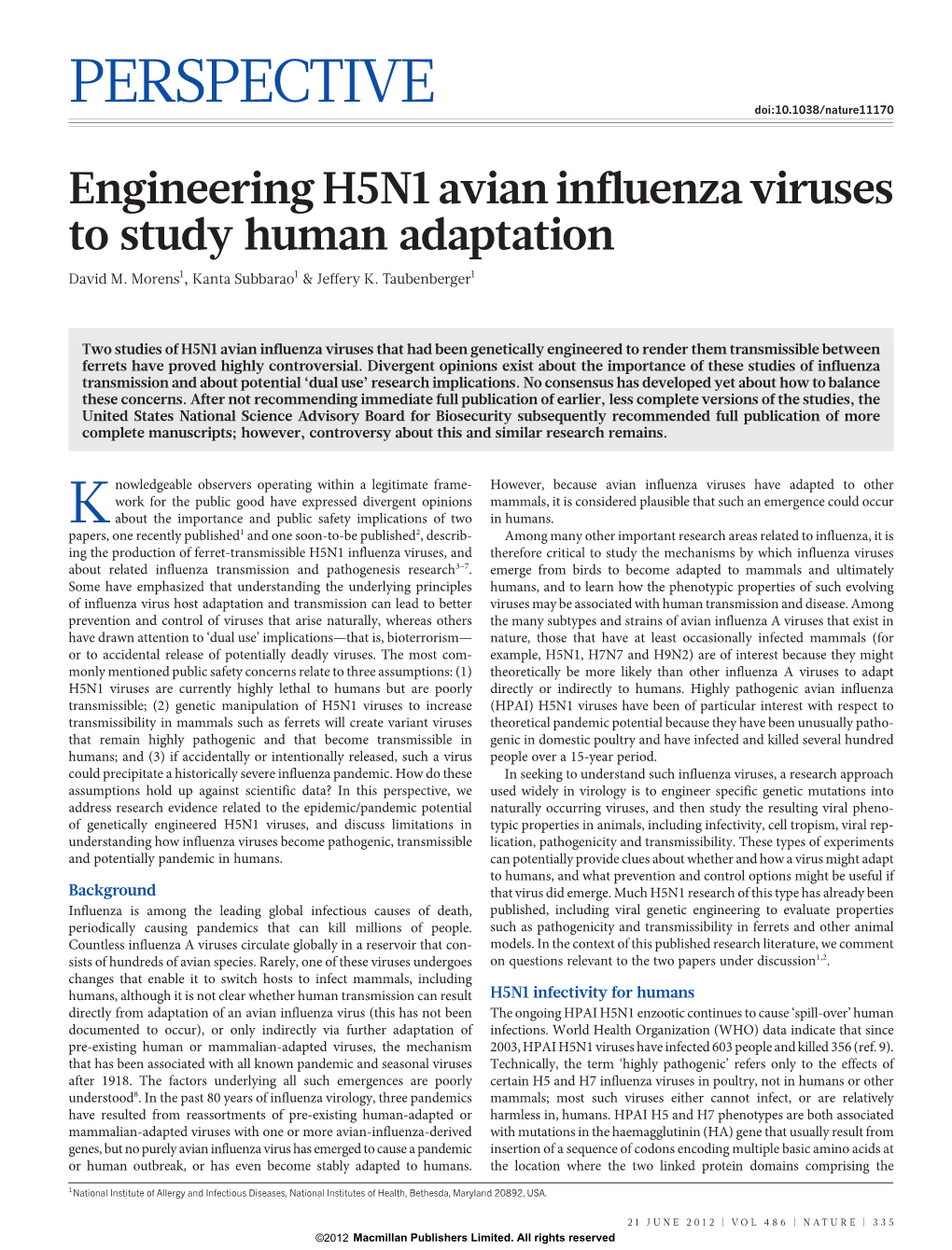 Engineering H5N1 Avian Influenza Viruses to Study Human Adaptation David M