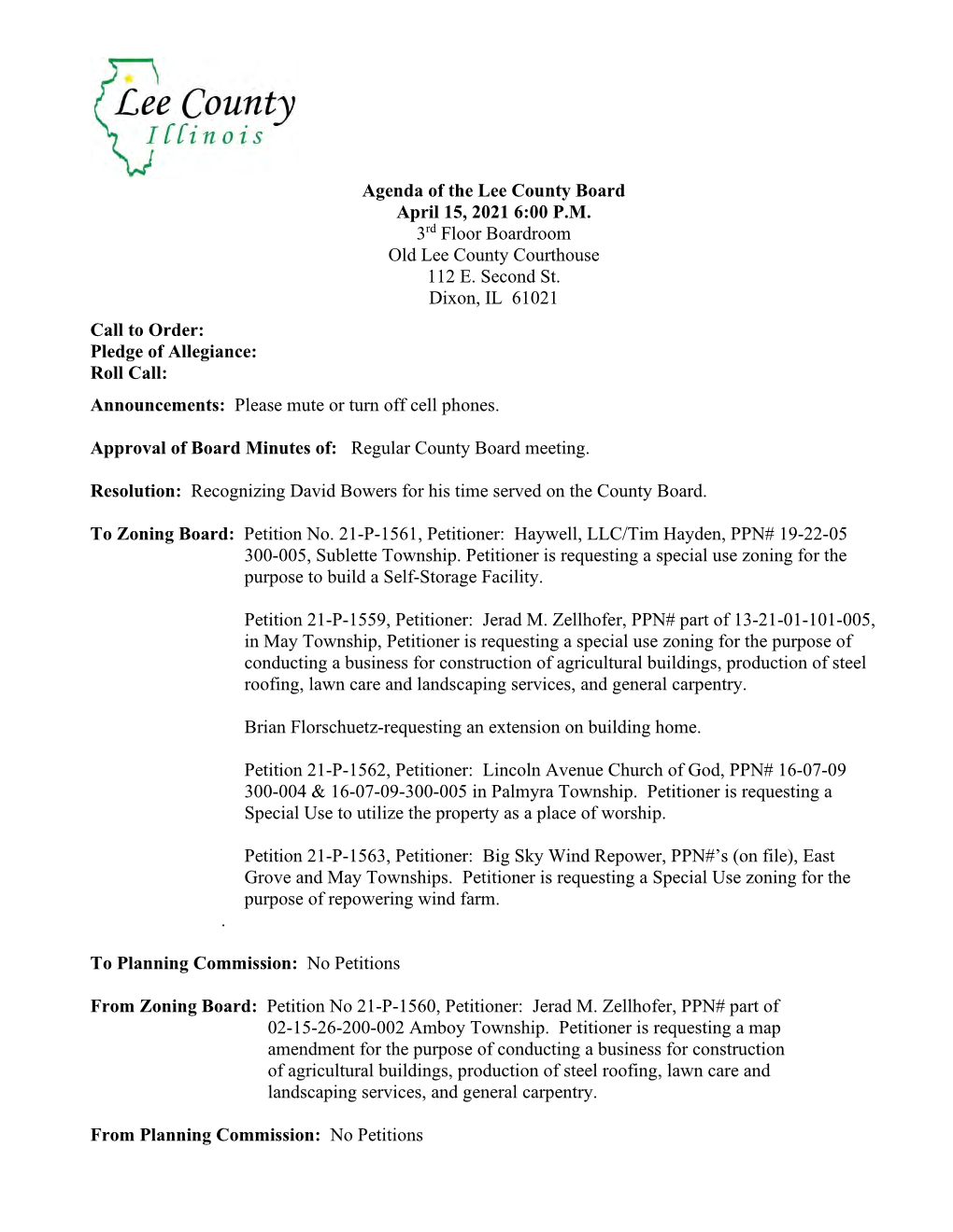 Agenda of the Lee County Board April 15, 2021 6:00 P.M