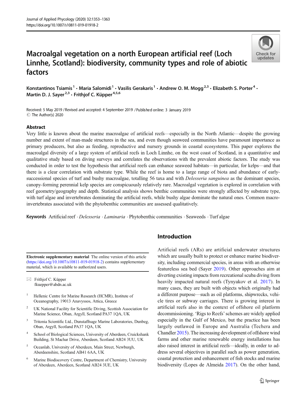 Macroalgal Vegetation on a North European Artificial Reef (Loch Linnhe, Scotland): Biodiversity, Community Types and Role of Abiotic Factors