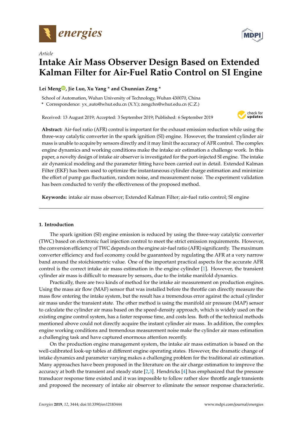 Intake Air Mass Observer Design Based on Extended Kalman Filter for Air-Fuel Ratio Control on SI Engine