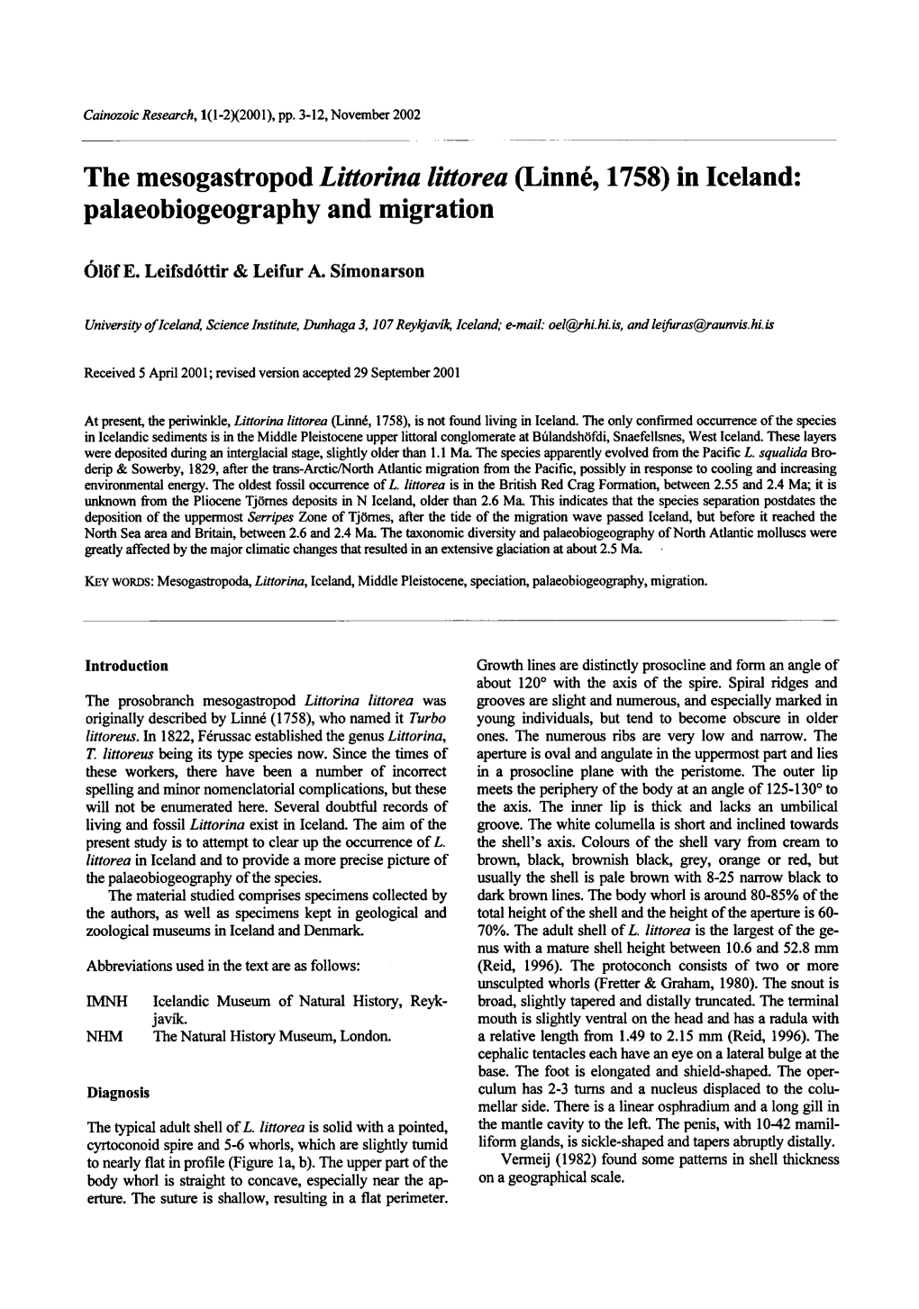 (Linné, 1758) Palaeobiogeography and Migration