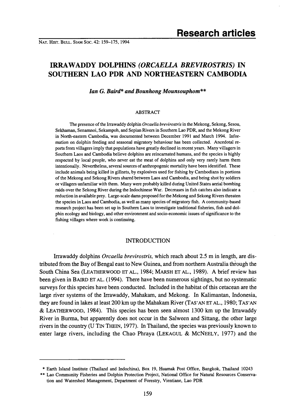 Page 1 Research Articles Nat. Hist. BULL. SIAM SOC. 42: 159–175