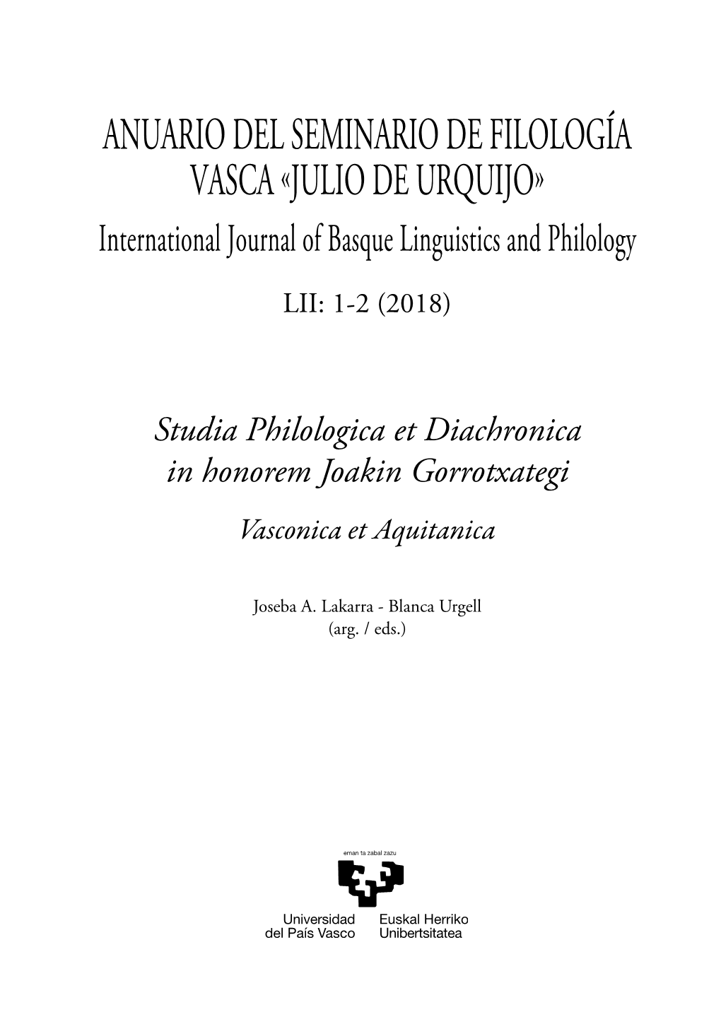 Anuario Del Seminario De Filología Vasca «Julio De Urquijo» International Journal of Basque Linguistics and Philology