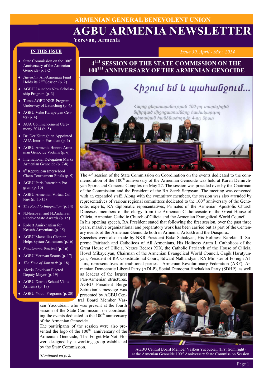 Agbu Armenia Newsletter Issue 30, April - May, 2014