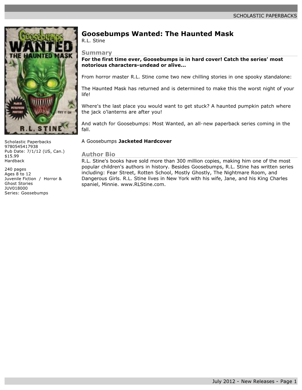 Goosebumps Wanted: the Haunted Mask R.L