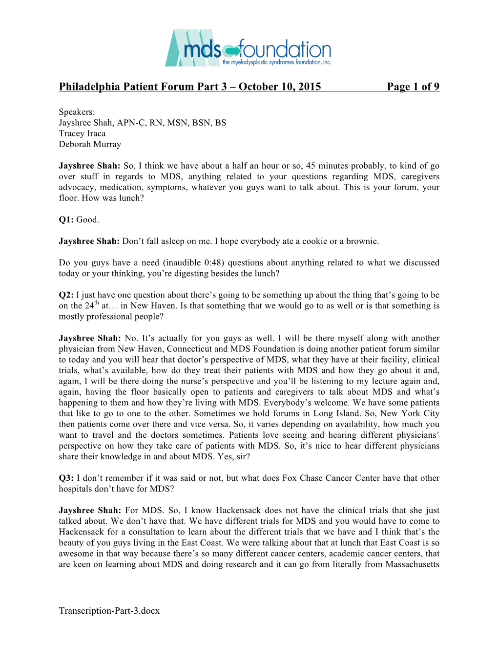 Philadelphia Patient Forum Part 3 – October 10, 2015 Page 1 of 9