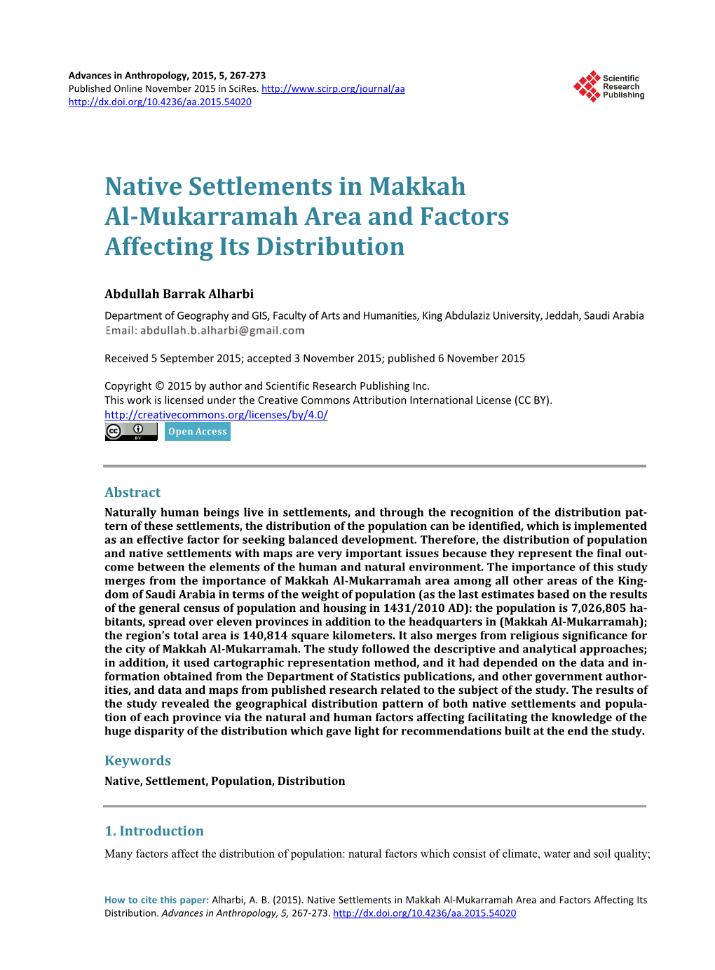 Native Settlements in Makkah Al-Mukarramah Area and Factors Affecting Its Distribution
