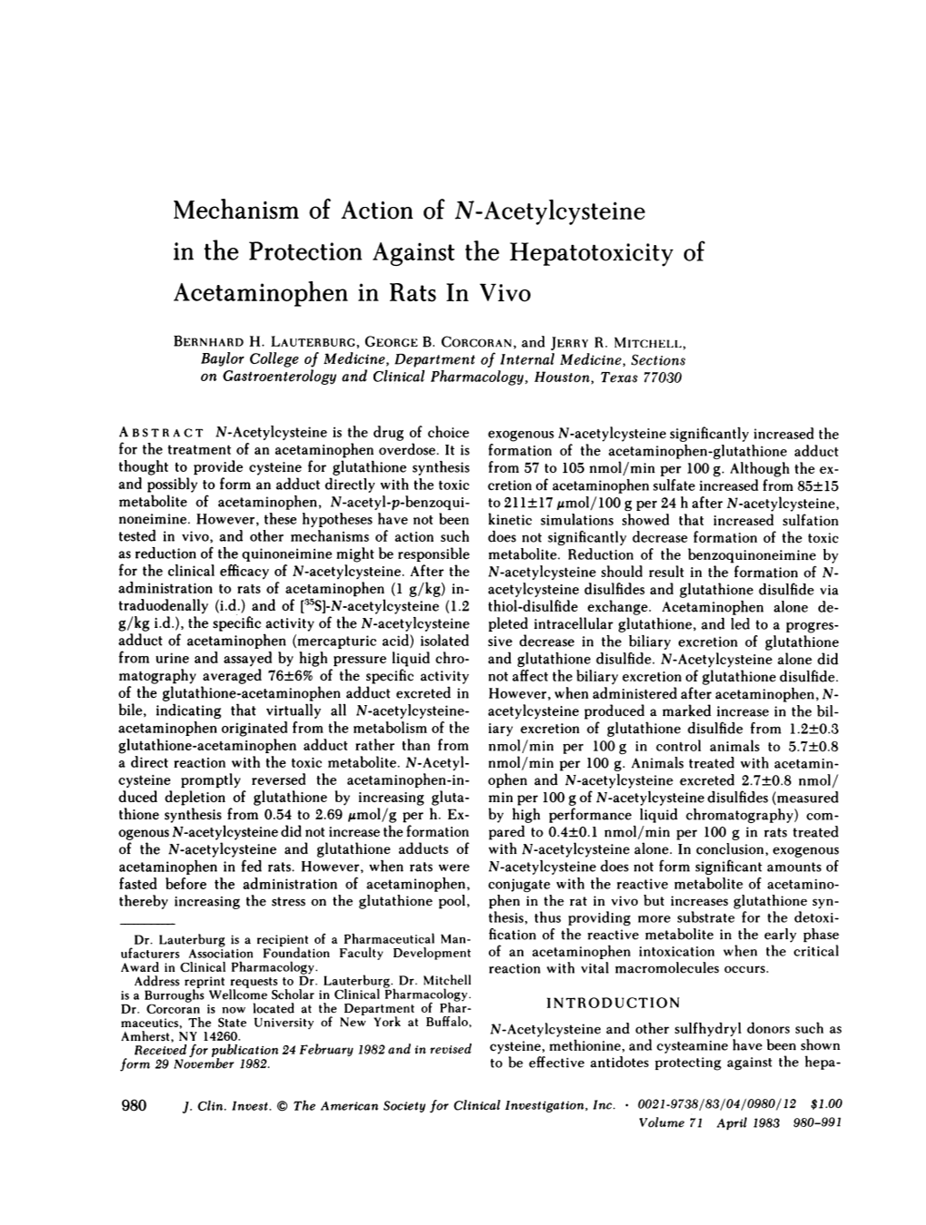 Mechanism of Action of N-Acetylcysteine in the Protection Against the Hepatotoxicity of Acetaminophen in Rats in Vivo