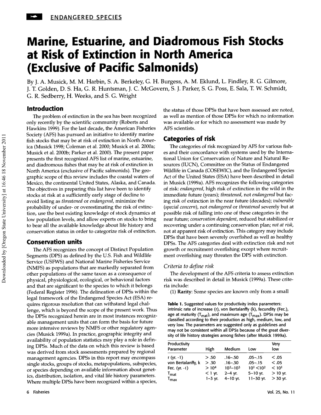 Marine, Estuarine, and Diadromous Fish Stocks at Risk of Extinction in North America (Exclusive of Pacific Salmonids) by J