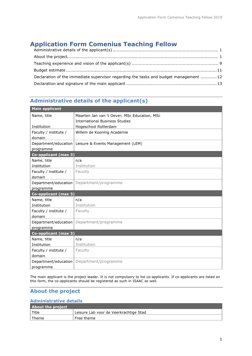 Application Form Comenius Teaching Fellow 2019