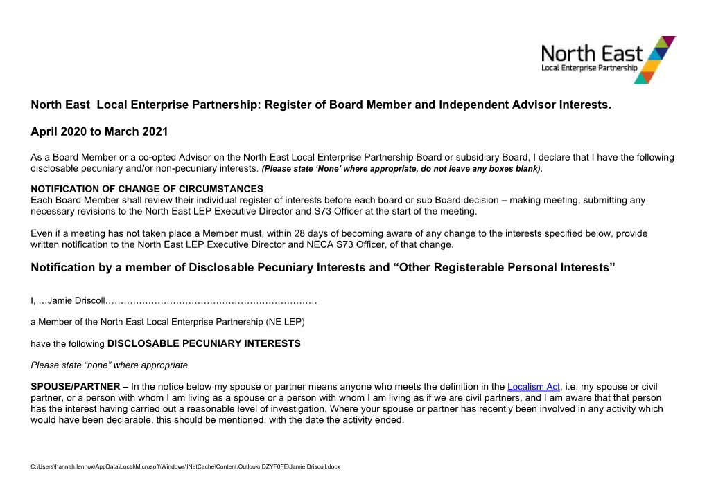 Register of Board Member and Independent Advisor Interests. April