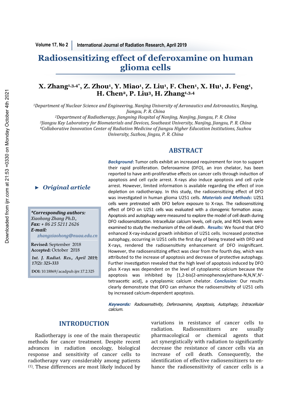 Radiosensitizing Effect of Deferoxamine on Human Glioma Cells