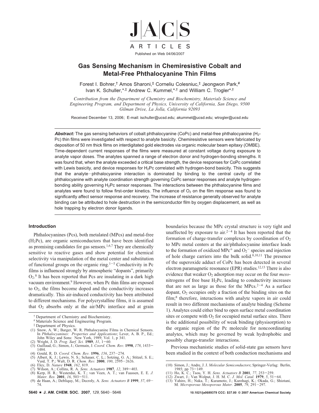 Gas Sensing Mechanism in Chemiresistive Cobalt and Metal-Free Phthalocyanine Thin Films Forest I