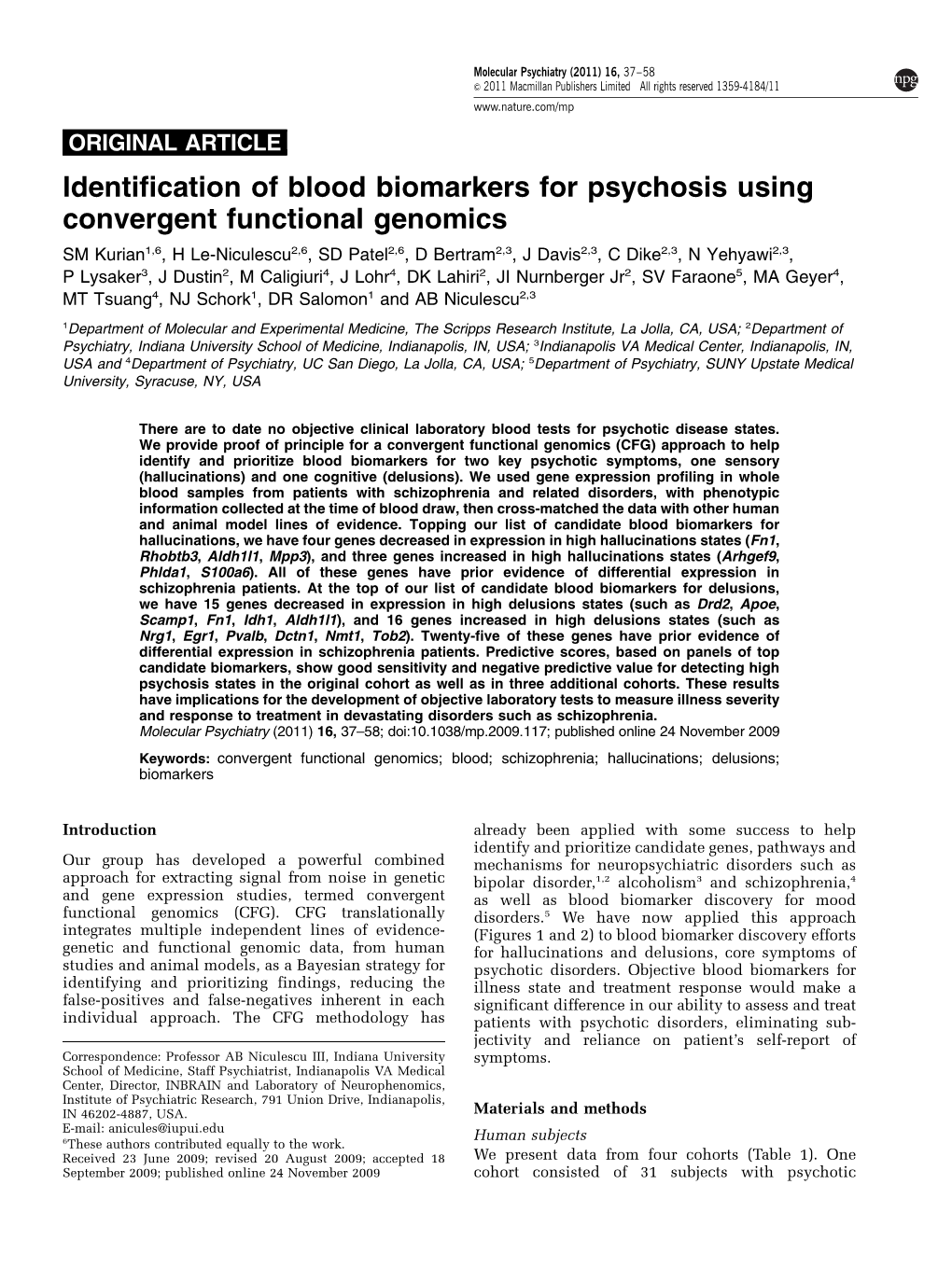 Identification of Blood Biomarkers for Psychosis Using Convergent